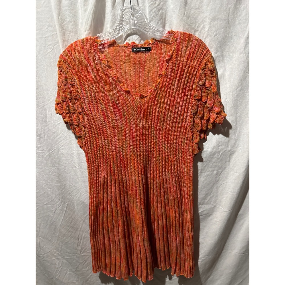 Merchant Orange Space Dye Ribbed Knit V-Neck Top Crochet Sleeve Detail Small